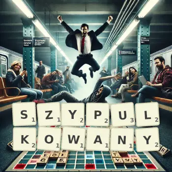 Kreatywna ilustracja do gry w Scrabble ze słowem SZYPULKOWANY ułożonym z płytek na planszy.