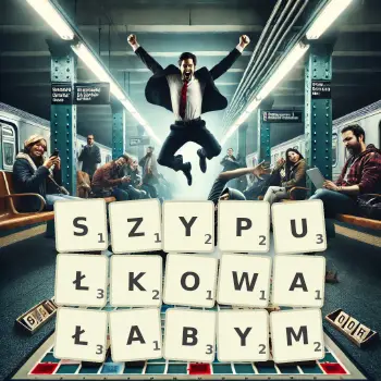 Kreatywna ilustracja do gry w Scrabble ze słowem SZYPUŁKOWAŁABYM ułożonym z płytek na planszy.