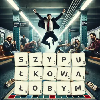 Kreatywna ilustracja do gry w Scrabble ze słowem SZYPUŁKOWAŁOBYM ułożonym z płytek na planszy.