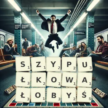Kreatywna ilustracja do gry w Scrabble ze słowem SZYPUŁKOWAŁOBYŚ ułożonym z płytek na planszy.