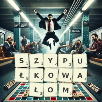 Kreatywna ilustracja do gry w Scrabble ze słowem SZYPUŁKOWAŁOM ułożonym z płytek na planszy.