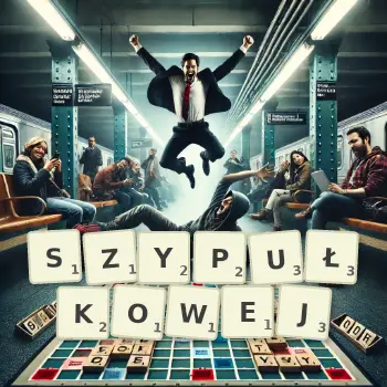 Kreatywna ilustracja do gry w Scrabble ze słowem SZYPUŁKOWEJ ułożonym z płytek na planszy.