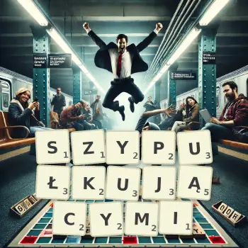Kreatywna ilustracja do gry w Scrabble ze słowem SZYPUŁKUJĄCYMI ułożonym z płytek na planszy.
