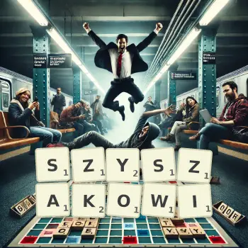 Kreatywna ilustracja do gry w Scrabble ze słowem SZYSZAKOWI ułożonym z płytek na planszy.