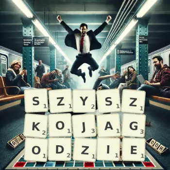 Kreatywna ilustracja do gry w Scrabble ze słowem SZYSZKOJAGODZIE ułożonym z płytek na planszy.