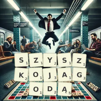 Kreatywna ilustracja do gry w Scrabble ze słowem SZYSZKOJAGODĄ ułożonym z płytek na planszy.