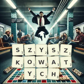 Kreatywna ilustracja do gry w Scrabble ze słowem SZYSZKOWATYCH ułożonym z płytek na planszy.
