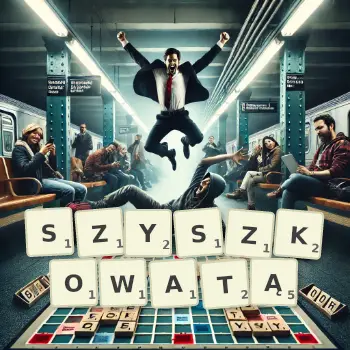 Kreatywna ilustracja do gry w Scrabble ze słowem SZYSZKOWATĄ ułożonym z płytek na planszy.
