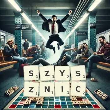 Kreatywna ilustracja do gry w Scrabble ze słowem SZYSZNIC ułożonym z płytek na planszy.