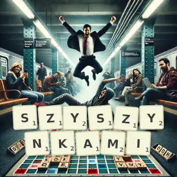 Kreatywna ilustracja do gry w Scrabble ze słowem SZYSZYNKAMI ułożonym z płytek na planszy.