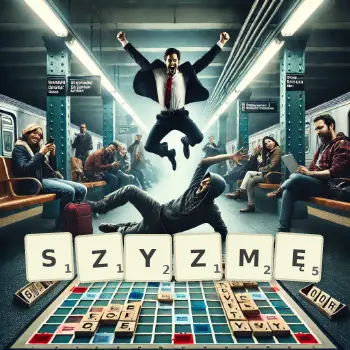 Kreatywna ilustracja do gry w Scrabble ze słowem SZYZMĘ ułożonym z płytek na planszy.