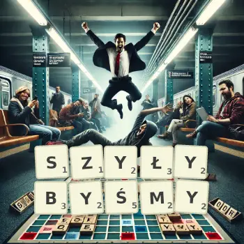 Kreatywna ilustracja do gry w Scrabble ze słowem SZYŁYBYŚMY ułożonym z płytek na planszy.