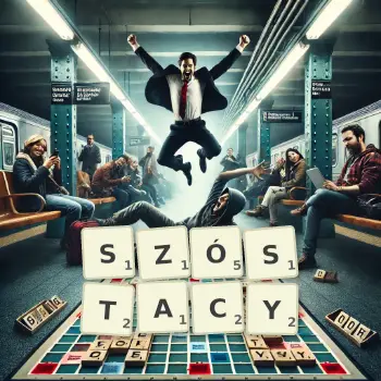 Kreatywna ilustracja do gry w Scrabble ze słowem SZÓSTACY ułożonym z płytek na planszy.