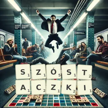 Kreatywna ilustracja do gry w Scrabble ze słowem SZÓSTACZKI ułożonym z płytek na planszy.