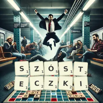 Kreatywna ilustracja do gry w Scrabble ze słowem SZÓSTECZKI ułożonym z płytek na planszy.