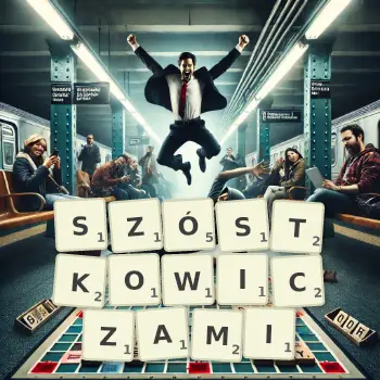 Kreatywna ilustracja do gry w Scrabble ze słowem SZÓSTKOWICZAMI ułożonym z płytek na planszy.