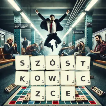Kreatywna ilustracja do gry w Scrabble ze słowem SZÓSTKOWICZCE ułożonym z płytek na planszy.