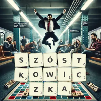Kreatywna ilustracja do gry w Scrabble ze słowem SZÓSTKOWICZKA ułożonym z płytek na planszy.