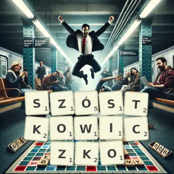 Kreatywna ilustracja do gry w Scrabble ze słowem SZÓSTKOWICZKO ułożonym z płytek na planszy.