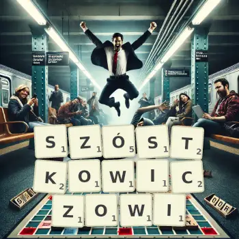 Kreatywna ilustracja do gry w Scrabble ze słowem SZÓSTKOWICZOWI ułożonym z płytek na planszy.