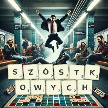 Kreatywna ilustracja do gry w Scrabble ze słowem SZÓSTKOWYCH ułożonym z płytek na planszy.