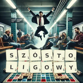 Kreatywna ilustracja do gry w Scrabble ze słowem SZÓSTOLIGOWY ułożonym z płytek na planszy.