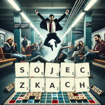 Kreatywna ilustracja do gry w Scrabble ze słowem SÓJECZKACH ułożonym z płytek na planszy.