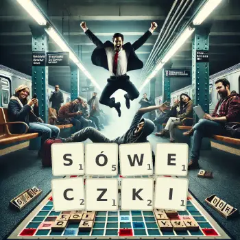 Kreatywna ilustracja do gry w Scrabble ze słowem SÓWECZKI ułożonym z płytek na planszy.