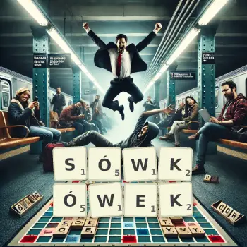 Kreatywna ilustracja do gry w Scrabble ze słowem SÓWKÓWEK ułożonym z płytek na planszy.