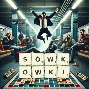 Kreatywna ilustracja do gry w Scrabble ze słowem SÓWKÓWKI ułożonym z płytek na planszy.