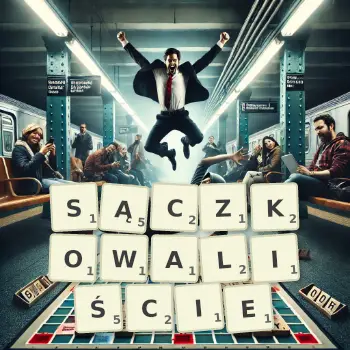 Kreatywna ilustracja do gry w Scrabble ze słowem SĄCZKOWALIŚCIE ułożonym z płytek na planszy.