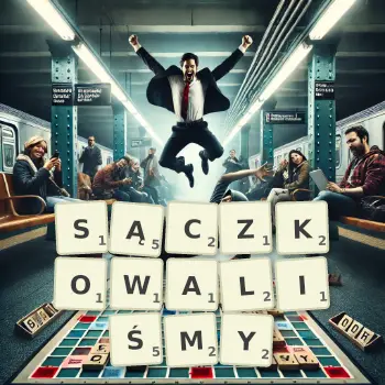 Kreatywna ilustracja do gry w Scrabble ze słowem SĄCZKOWALIŚMY ułożonym z płytek na planszy.