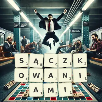 Kreatywna ilustracja do gry w Scrabble ze słowem SĄCZKOWANIAMI ułożonym z płytek na planszy.