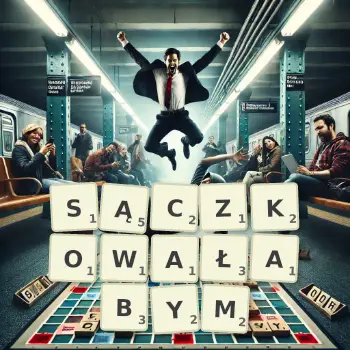 Kreatywna ilustracja do gry w Scrabble ze słowem SĄCZKOWAŁABYM ułożonym z płytek na planszy.