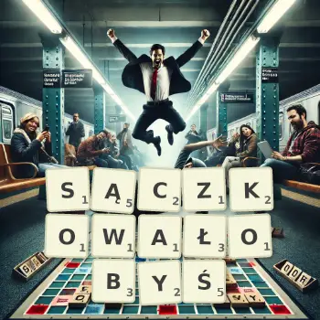 Kreatywna ilustracja do gry w Scrabble ze słowem SĄCZKOWAŁOBYŚ ułożonym z płytek na planszy.