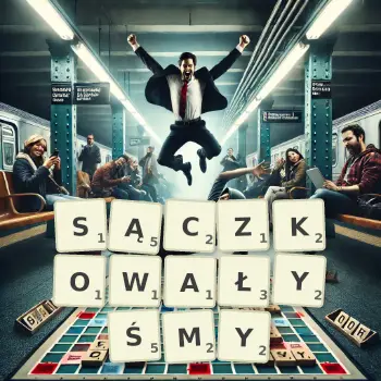 Kreatywna ilustracja do gry w Scrabble ze słowem SĄCZKOWAŁYŚMY ułożonym z płytek na planszy.