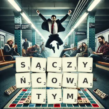 Kreatywna ilustracja do gry w Scrabble ze słowem SĄCZYŃCOWATYM ułożonym z płytek na planszy.