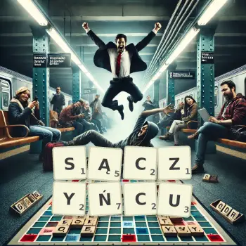 Kreatywna ilustracja do gry w Scrabble ze słowem SĄCZYŃCU ułożonym z płytek na planszy.