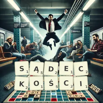 Kreatywna ilustracja do gry w Scrabble ze słowem SĄDECKOŚCI ułożonym z płytek na planszy.