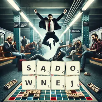 Kreatywna ilustracja do gry w Scrabble ze słowem SĄDOWNEJ ułożonym z płytek na planszy.