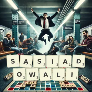 Kreatywna ilustracja do gry w Scrabble ze słowem SĄSIADOWALI ułożonym z płytek na planszy.