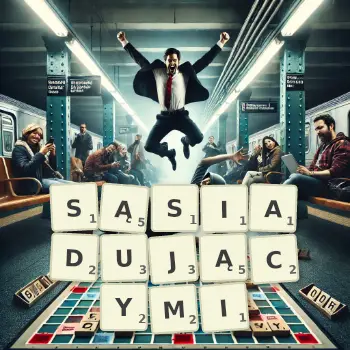 Kreatywna ilustracja do gry w Scrabble ze słowem SĄSIADUJĄCYMI ułożonym z płytek na planszy.