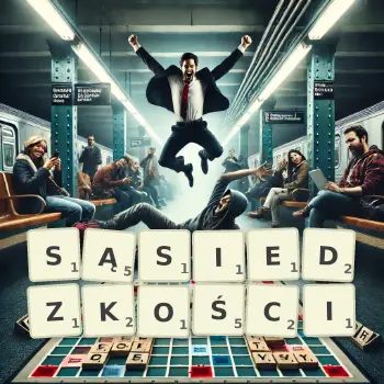 Kreatywna ilustracja do gry w Scrabble ze słowem SĄSIEDZKOŚCI ułożonym z płytek na planszy.