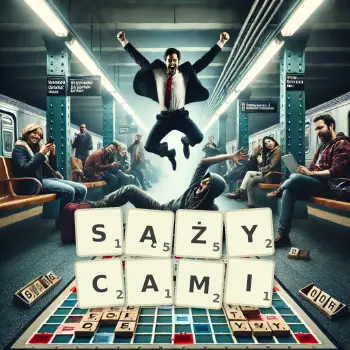 Kreatywna ilustracja do gry w Scrabble ze słowem SĄŻYCAMI ułożonym z płytek na planszy.