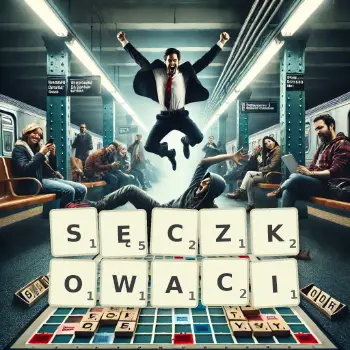 Kreatywna ilustracja do gry w Scrabble ze słowem SĘCZKOWACI ułożonym z płytek na planszy.