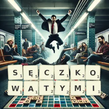 Kreatywna ilustracja do gry w Scrabble ze słowem SĘCZKOWATYMI ułożonym z płytek na planszy.