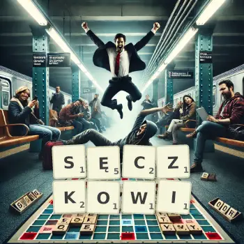 Kreatywna ilustracja do gry w Scrabble ze słowem SĘCZKOWI ułożonym z płytek na planszy.