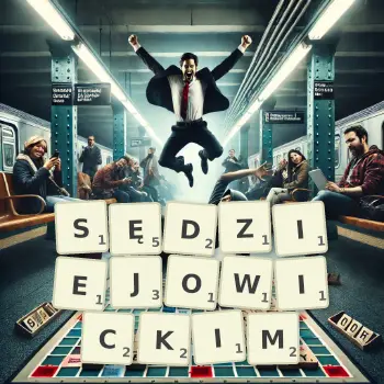 Kreatywna ilustracja do gry w Scrabble ze słowem SĘDZIEJOWICKIM ułożonym z płytek na planszy.