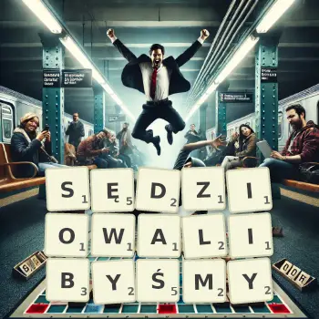 Kreatywna ilustracja do gry w Scrabble ze słowem SĘDZIOWALIBYŚMY ułożonym z płytek na planszy.
