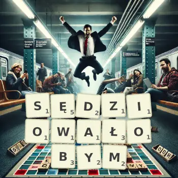Kreatywna ilustracja do gry w Scrabble ze słowem SĘDZIOWAŁOBYM ułożonym z płytek na planszy.